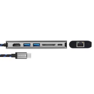 Ultra HDTV USB-C Multifunktions-Hub by, edler Typ-C Datenhub mit 60W PD-Charge, Verfgbare Slots 1x HDMI Buchse, 2x USB 3.0, 1x SD-Card, 1x USB-C und 1x LAN